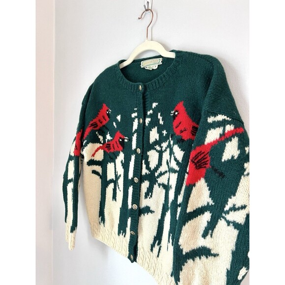 Vintage QUISSETT COVE Cardinal Birds 100% Shetland WOOL Cardigan Sweater Medium - Picture 2 of 14